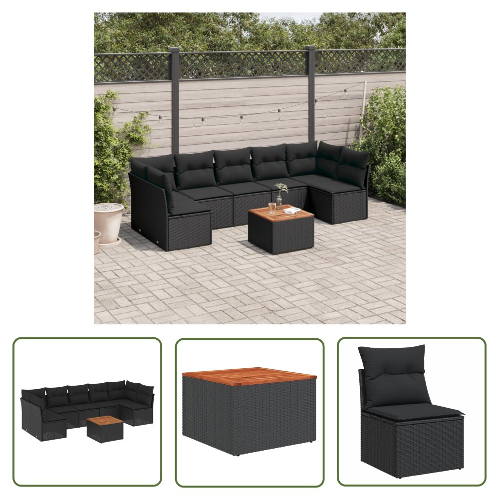 The Living Store 8-cz. zestaw wypoczynkowy do ogrodu - z poduszkami - czarny - Sofa Ogrodowa