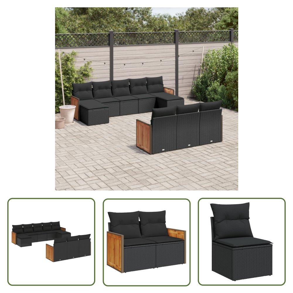 The Living Store 10-cz. zestaw wypoczynkowy do ogrodu - poduszki czarny rattan PE - Sofa Ogrodowa