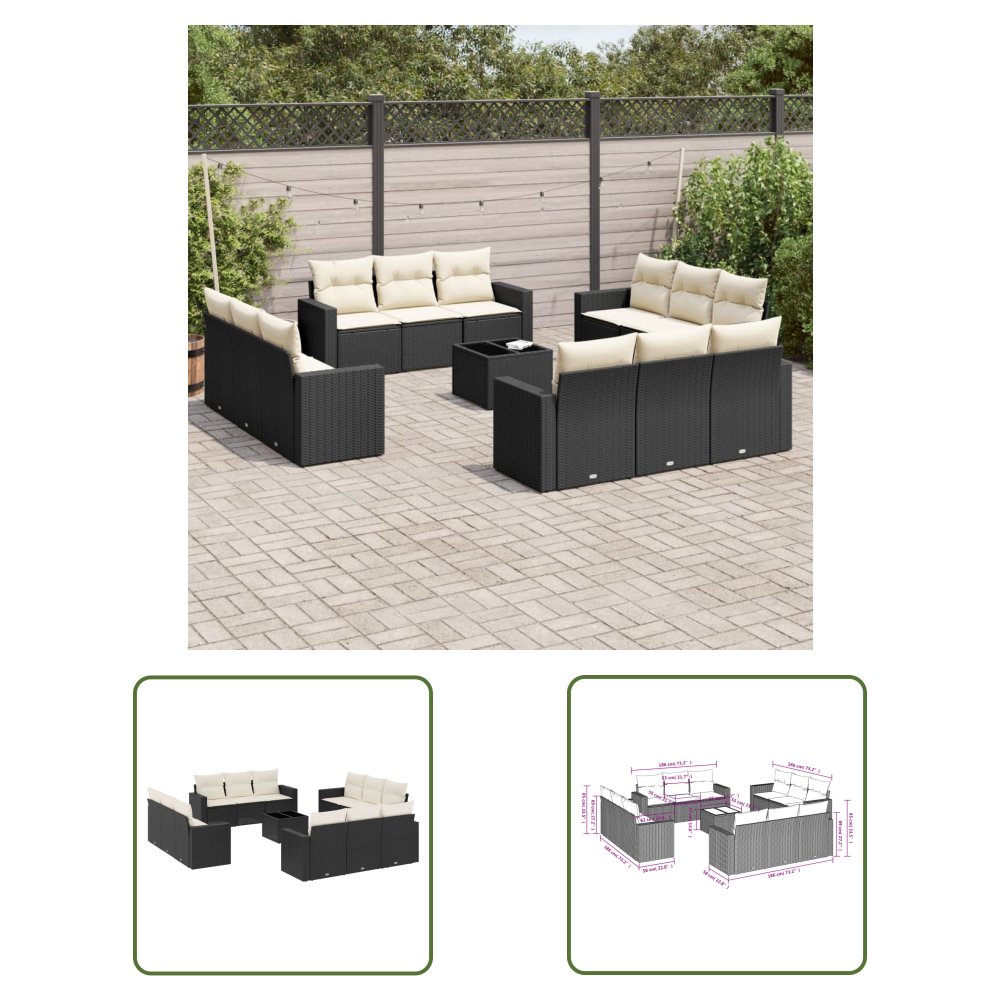 The Living Store 13-cz. zestaw mebli do ogrodu - poduszki - czarny - rattan PE - Sofa Ogrodowa