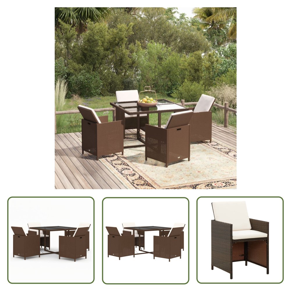 The Living Store 5-cz. zestaw mebli ogrodowych z poduszkami - rattan PE - brązowy - Zestaw Mebli Ogrodowych