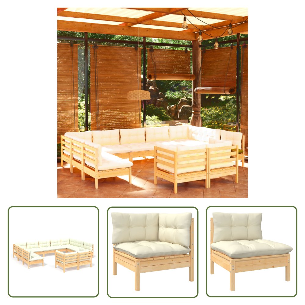 The Living Store 11-cz. zestaw wypoczynkowy do ogrodu - kremowe poduszki - sosnowy - Zestaw Wypoczynkowy Do Ogrodu