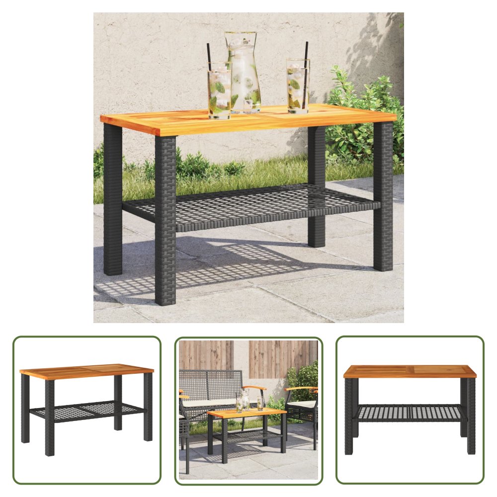 The Living Store Stolik ogrodowy - czarny - 70x38x42 cm - polirattan i akacja - Stolik Ogrodowy
