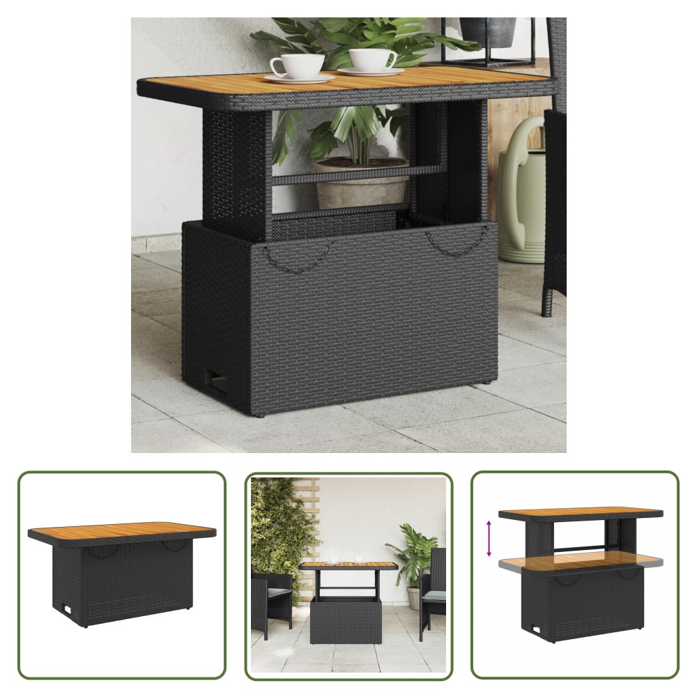 The Living Store Stół ogrodowy - czarny - 90x55x71 cm - polirattan i akacja - Stół Ogrodowy