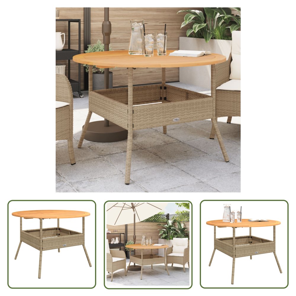 The Living Store Stół ogrodowy z akacjowym blatem - beż - Ø110x71 cm - rattan PE - Stół Ogrodowy