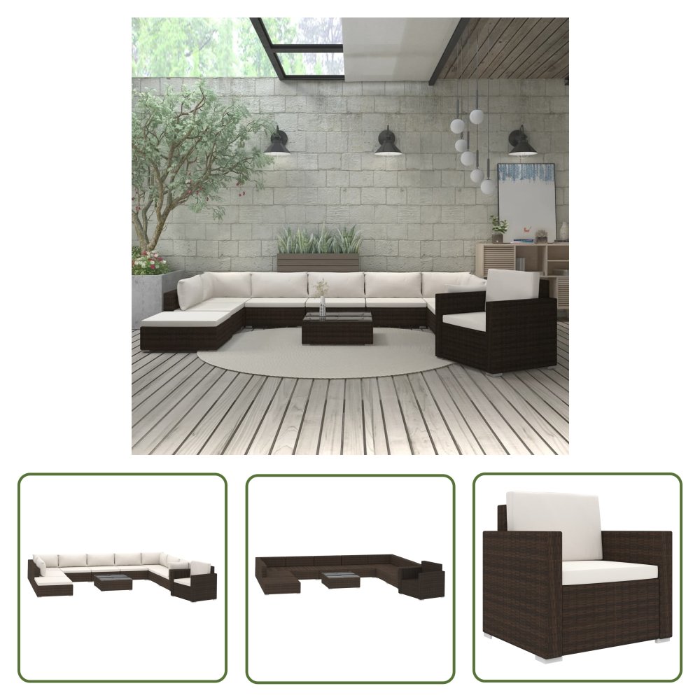 The Living Store 11-cz. zestaw wypoczynkowy do ogrodu - poduszki - rattan PE - brąz - Sofa Ogrodowa I Stół