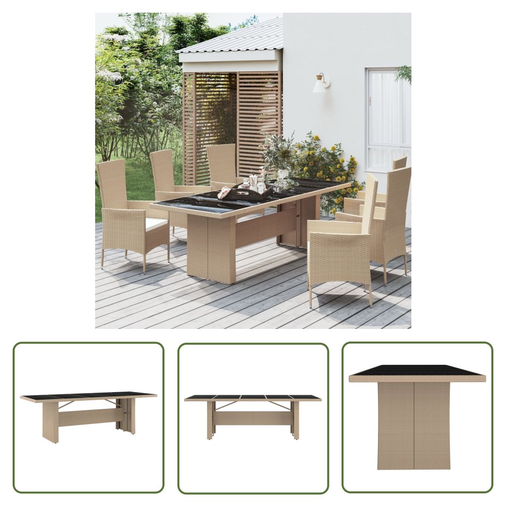 The Living Store Stół ogrodowy ze szklanym blatem - beżowy rattan PE i szkło - Stół Ogrodowy
