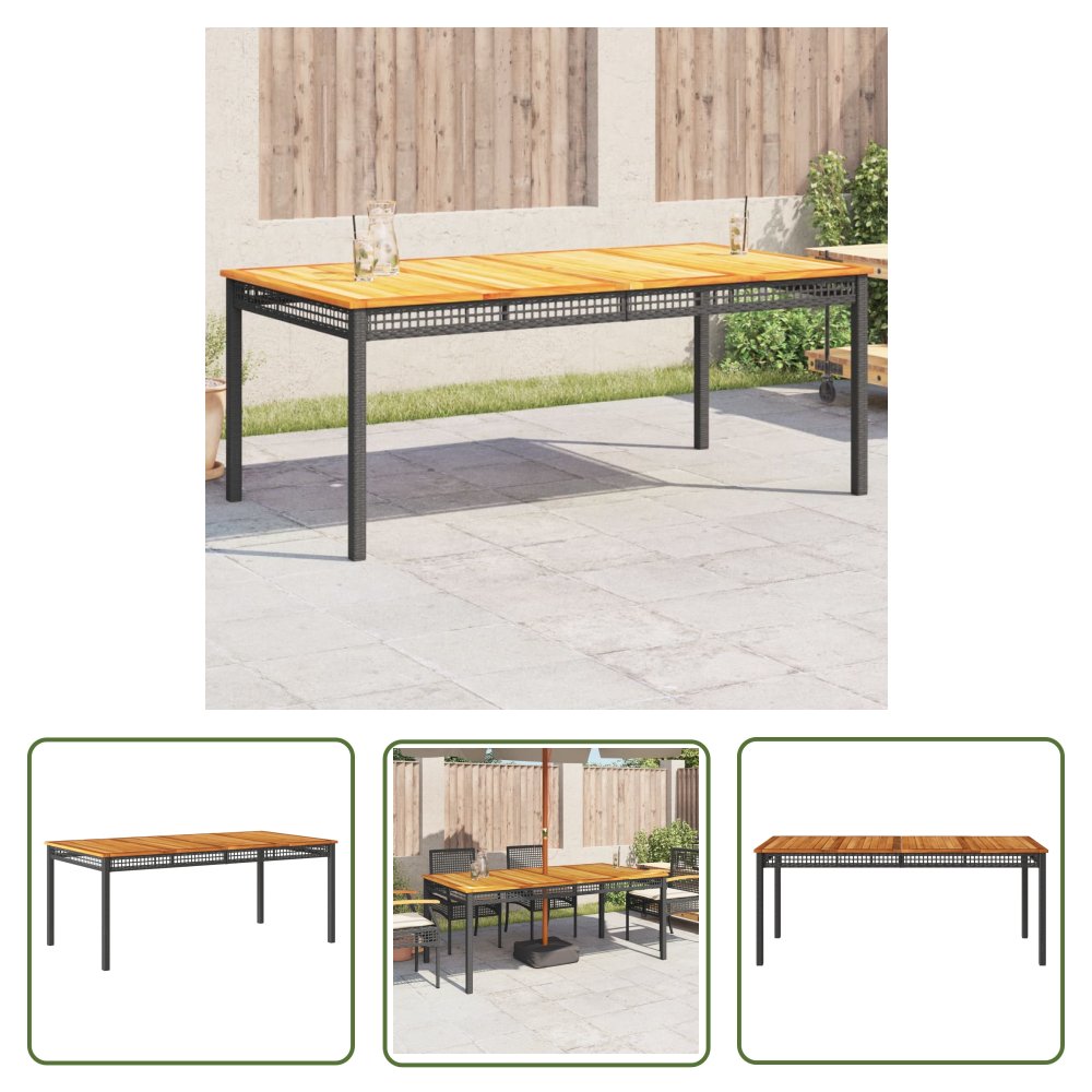 The Living Store Stół ogrodowy - czarny - 180x90x75 cm - polirattan i akacja - Stół Ogrodowy
