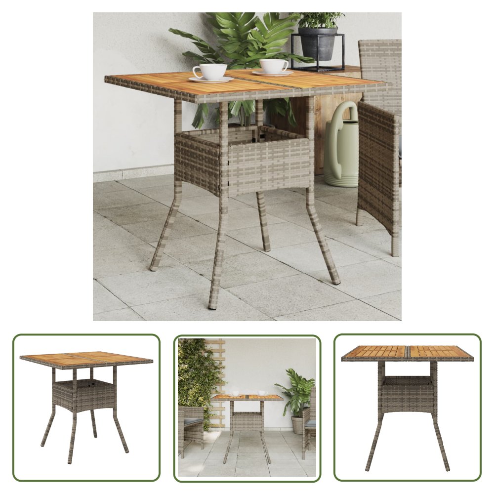 The Living Store Stół ogrodowy z akacjowym blatem - szary - 80x80x75 cm - rattan PE - Stół Ogrodowy