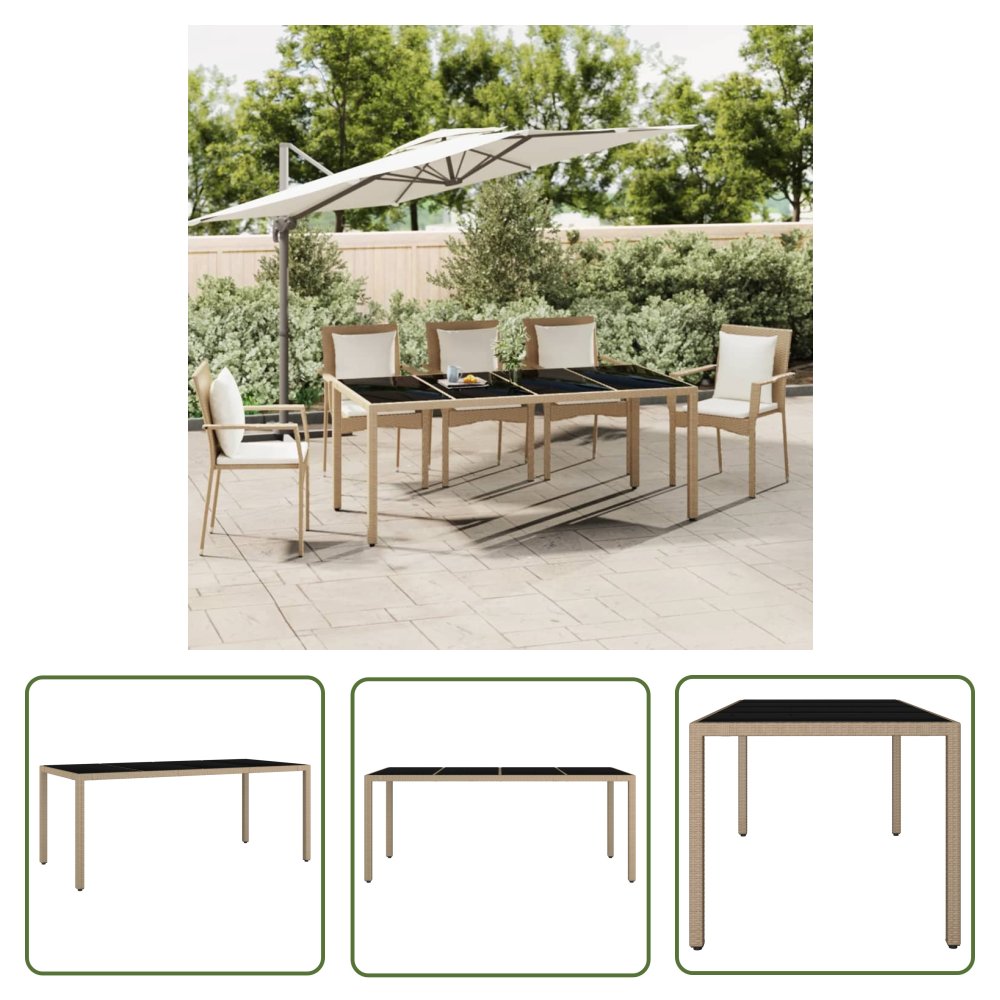 The Living Store Stół ogrodowy ze szklanym blatem - beżowy rattan PE i szkło - Stół Ogrodowy