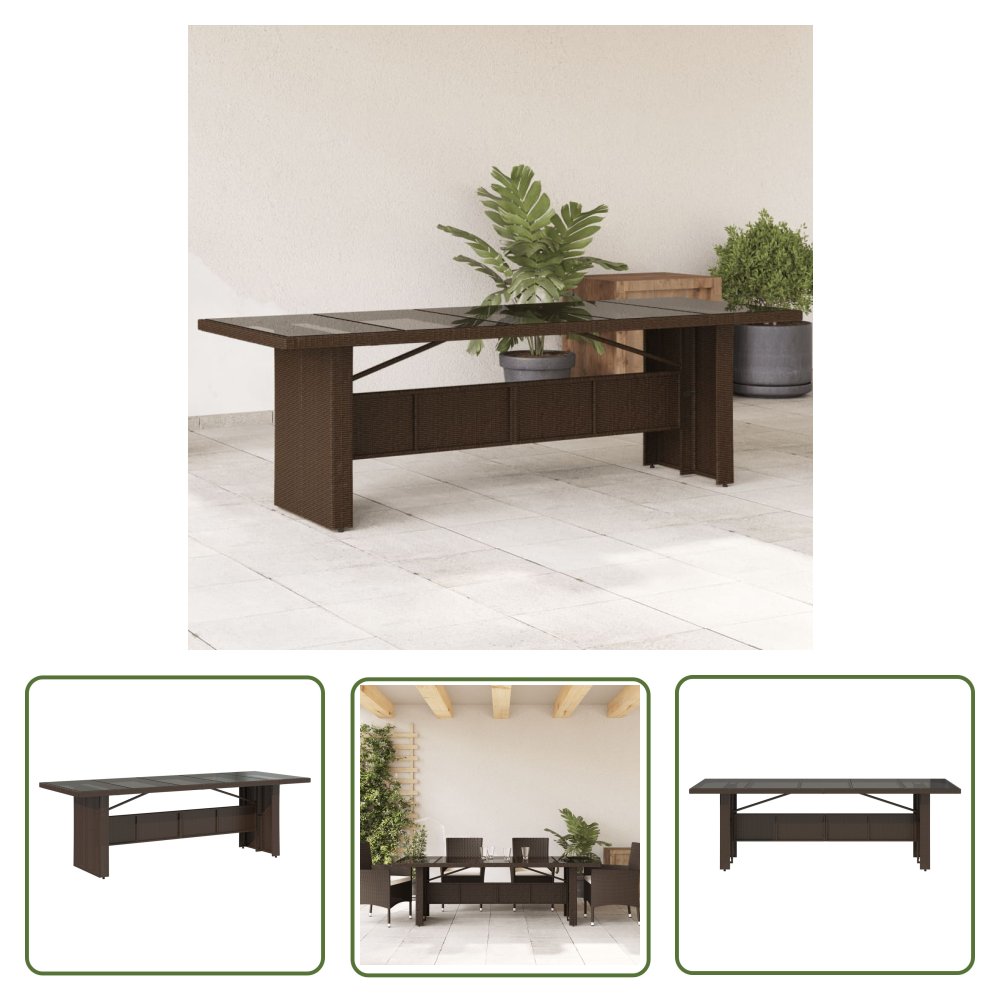 The Living Store Stół ogrodowy ze szklanym blatem - brąz - 240x90x75cm - polirattan - Stół Ogrodowy