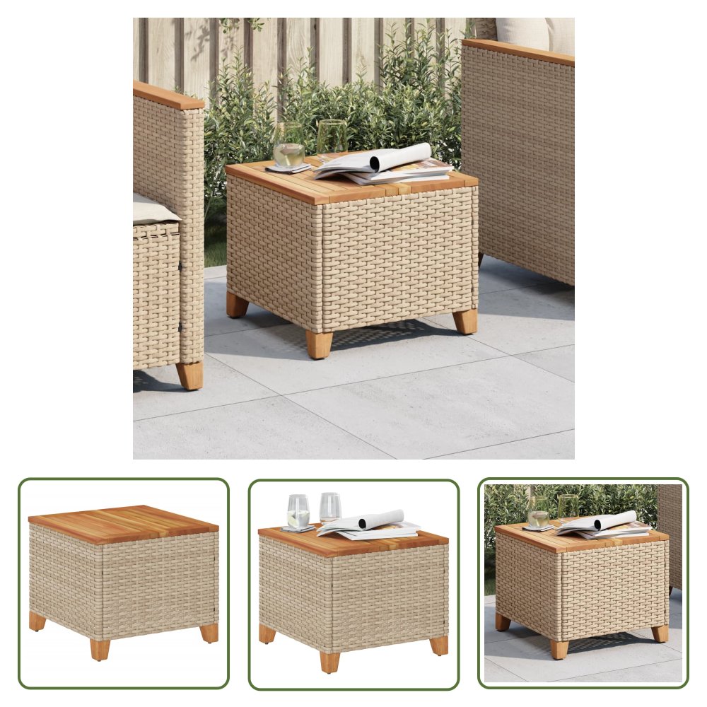 The Living Store Stolik ogrodowy - beżowy - 45x45x37 cm - polirattan i akacja - Stolik Ogrodowy