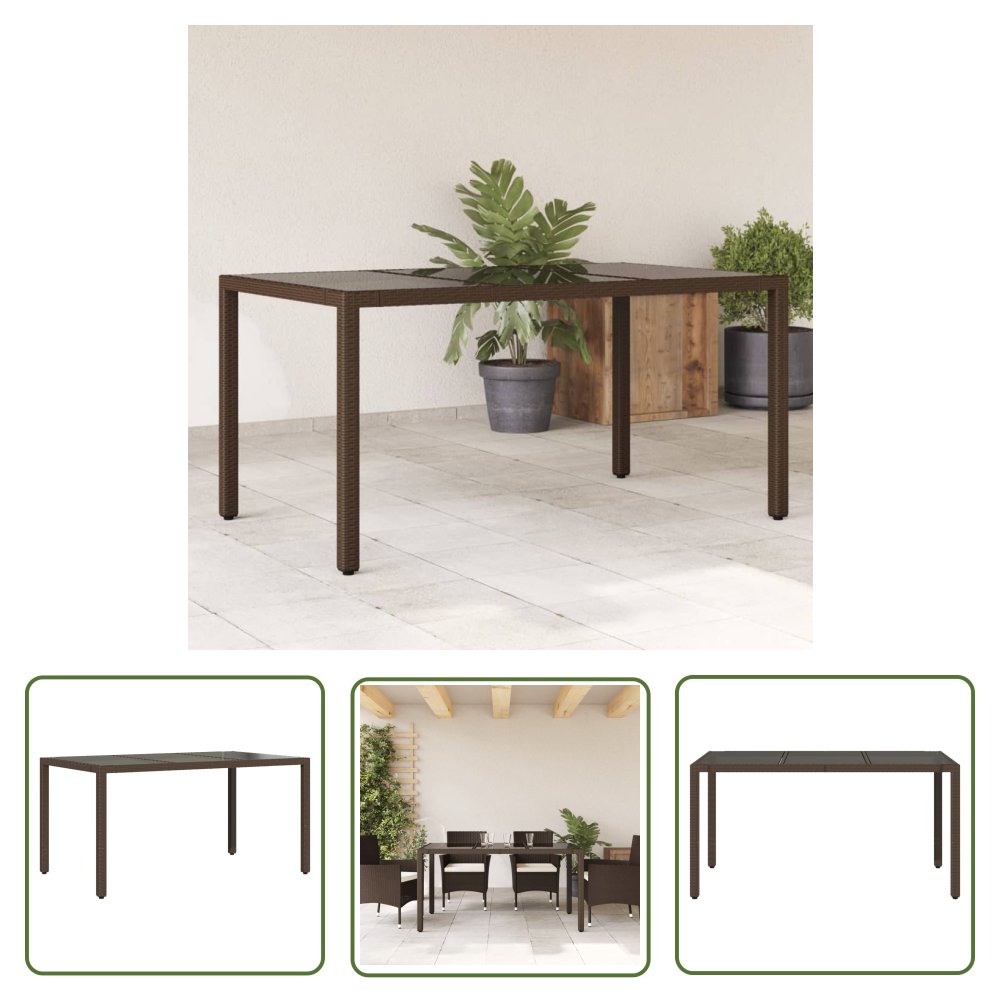 The Living Store Stół ogrodowy ze szklanym blatem - brąz - 150x90x75cm - polirattan - Stół Ogrodowy