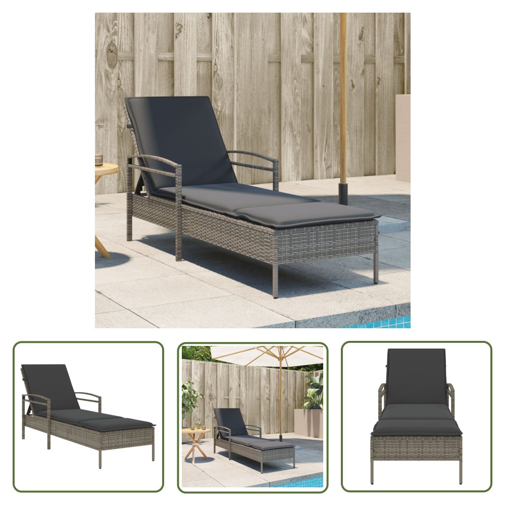 The Living Store Leżak z poduszką - szary - 63x200x81 cm - polirattan - Leżak