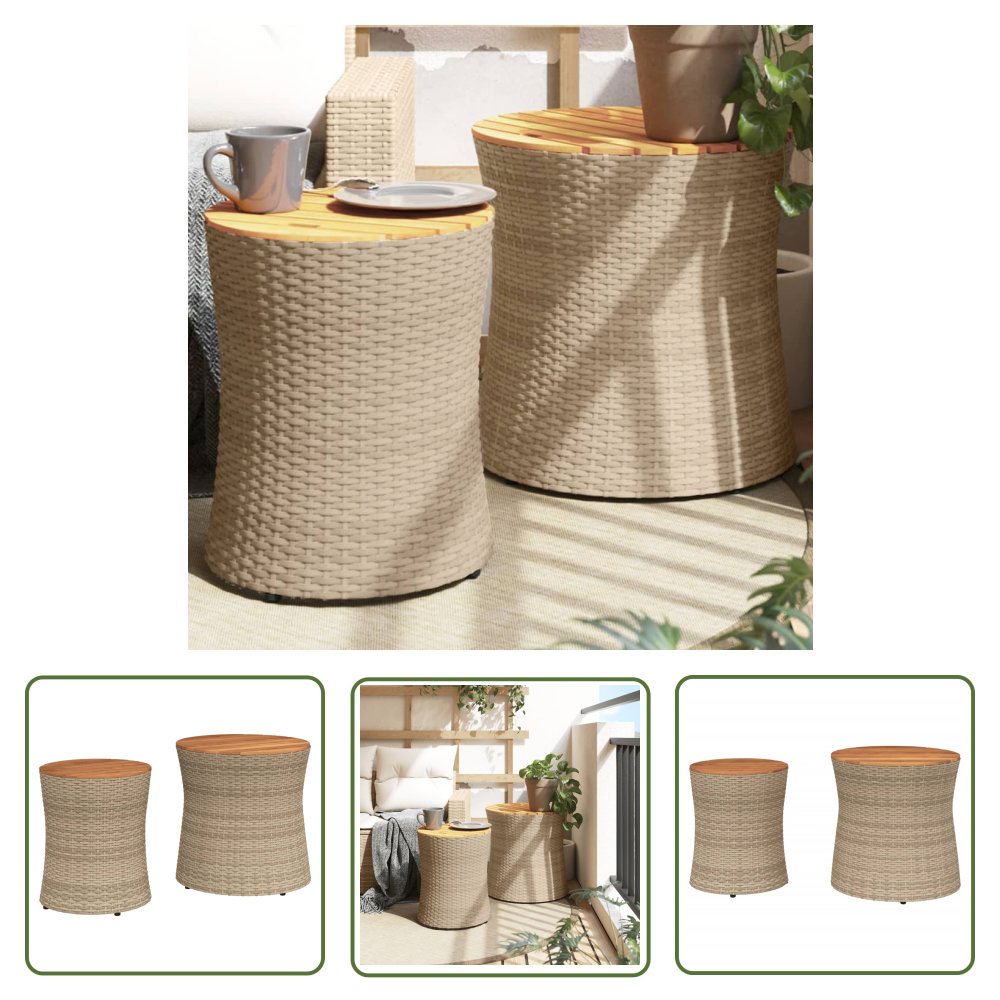 The Living Store Stoliki ogrodowe - 2 szt. - drewniane blaty - beżowe - polirattan - Stolik Ogrodowy