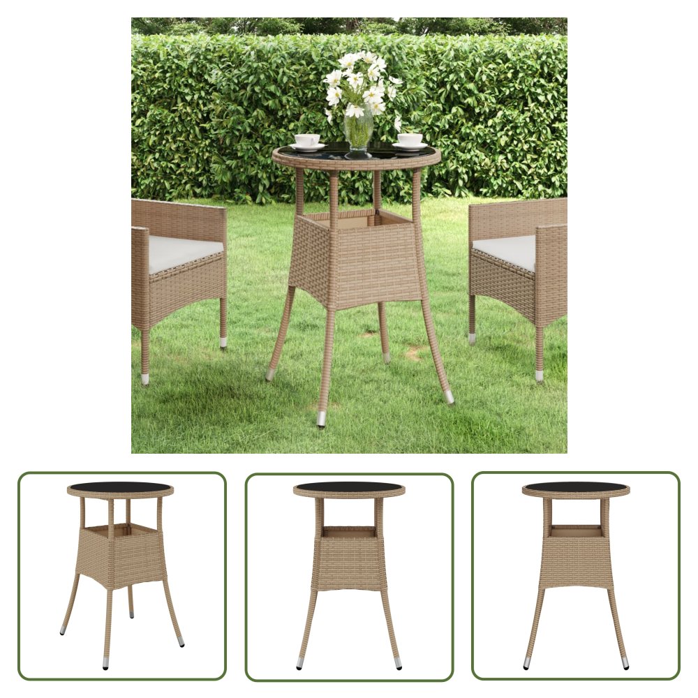 The Living Store Stolik ogrodowy - Ø60x75 cm - szkło hartowane i rattan PE - beżowy - Stół