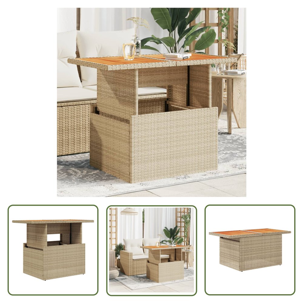 The Living Store Stół ogrodowy - beżowy - 100x55x73 cm - polirattan i akacja - Stół Ogrodowy