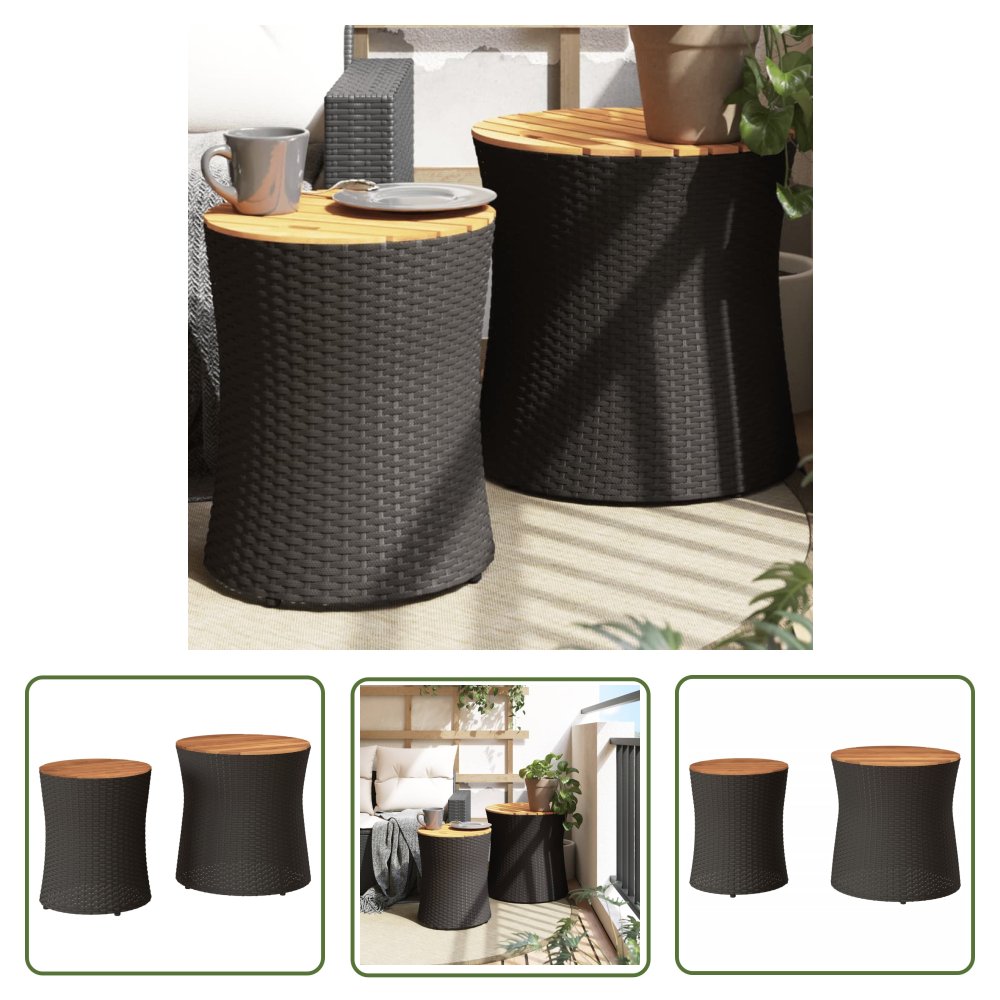 The Living Store Stoliki ogrodowe - 2 szt. - drewniane blaty - czarne - polirattan - Stolik Ogrodowy