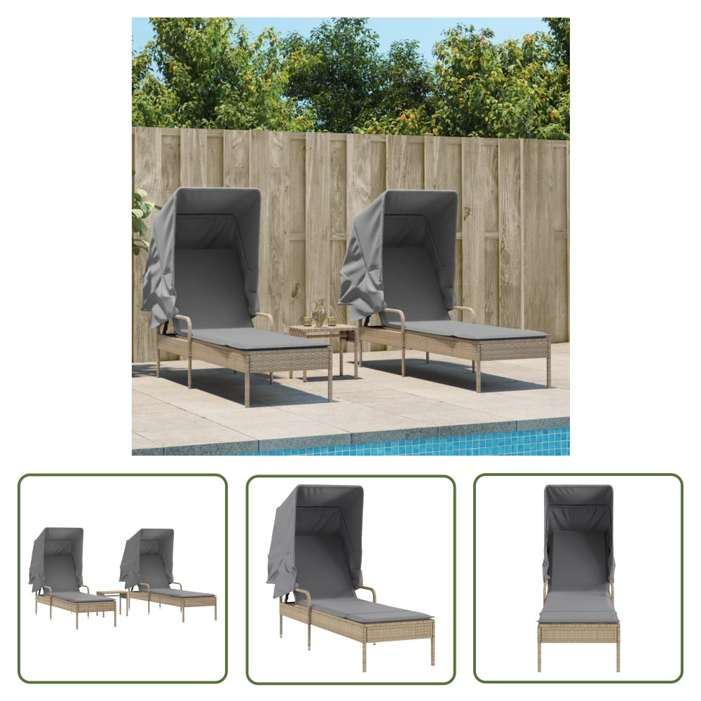 The Living Store Leżaki z zadaszeniem i stolikiem - 2 szt. - beżowe - polirattan - Leżak