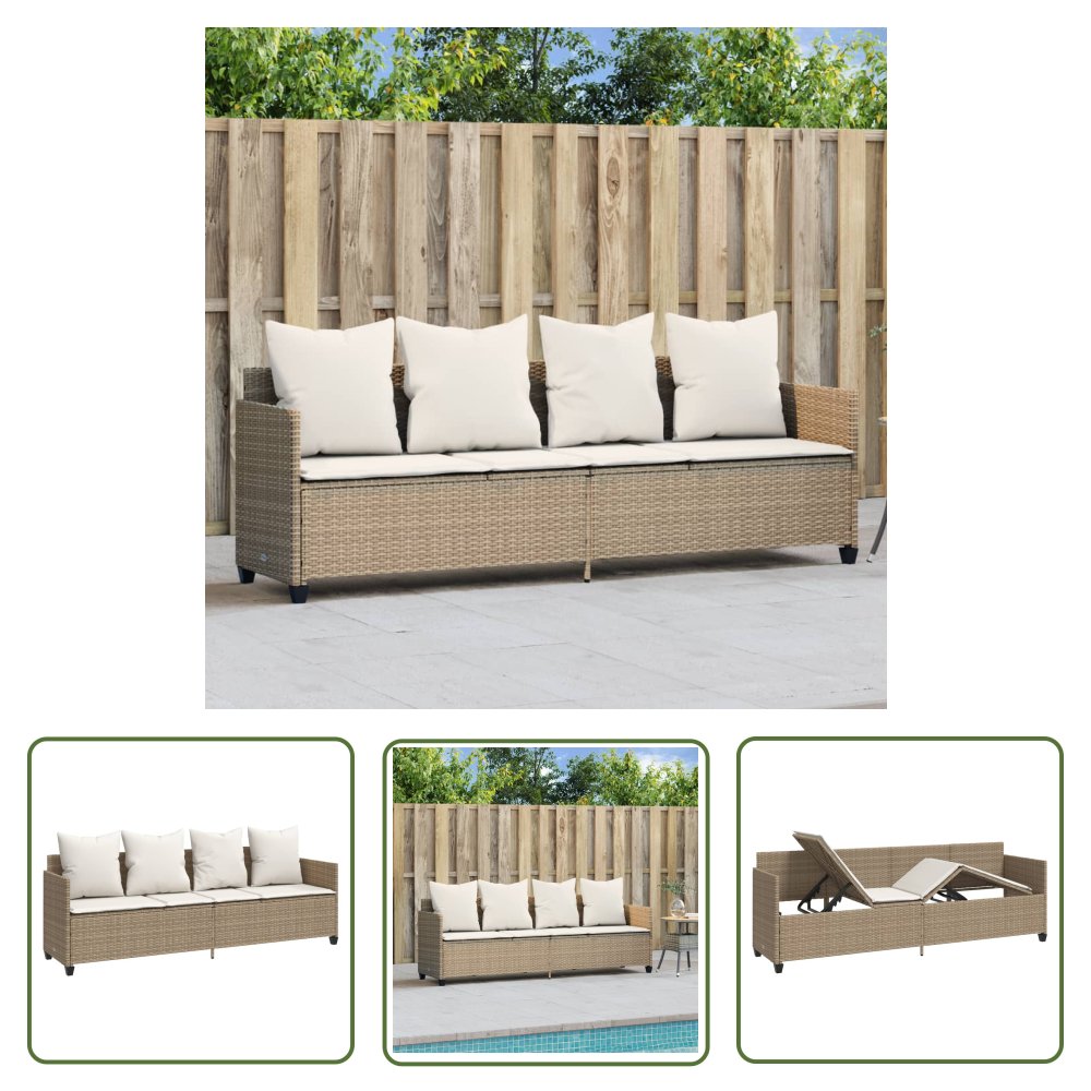 The Living Store Leżanka z poduszkami - beżowa - polirattan - Leżak