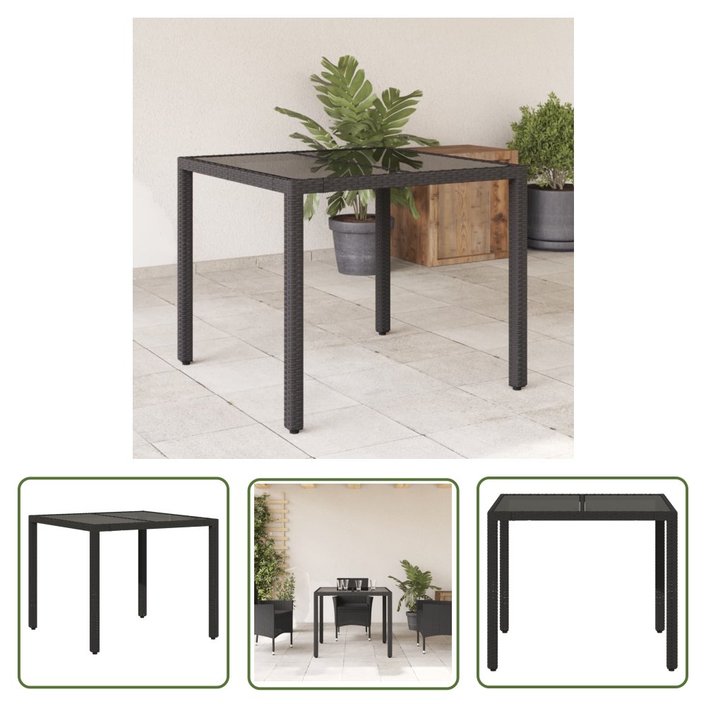 The Living Store Stół ogrodowy - szklany blat - czarny - 90x90x75 cm - rattan PE - Stół Ogrodowy