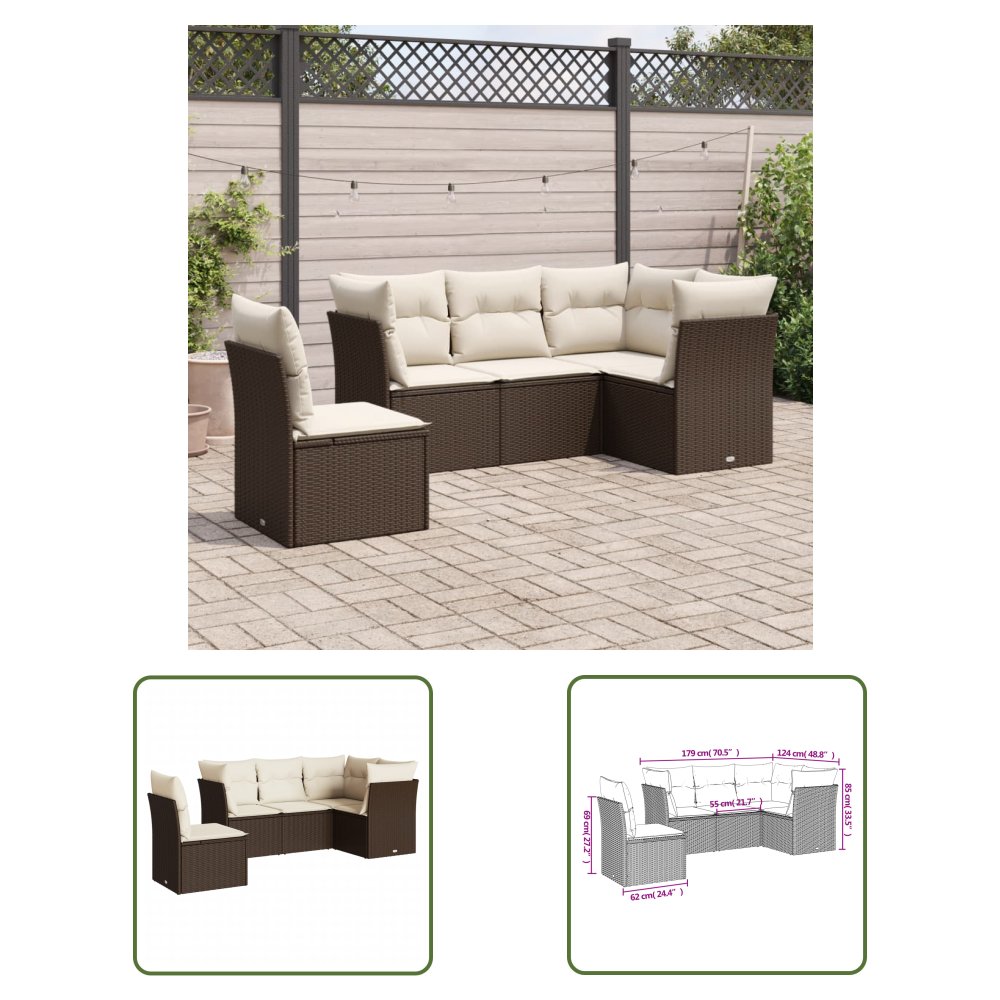 The Living Store 5-cz. zestaw mebli ogrodowych z poduszkami - brązowy - polirattan - Sofa Ogrodowa