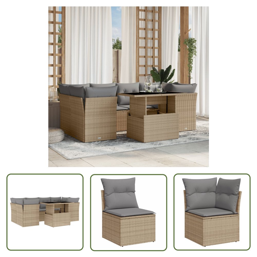 The Living Store 7-cz. zestaw wypoczynkowy do ogrodu - z poduszkami - beżowy - Sofa Ogrodowa