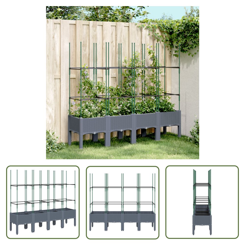 The Living Store Donica ogrodowa z kratką - szara - 160x40x142 -5 cm - PP - Skrzynia Na Rośliny