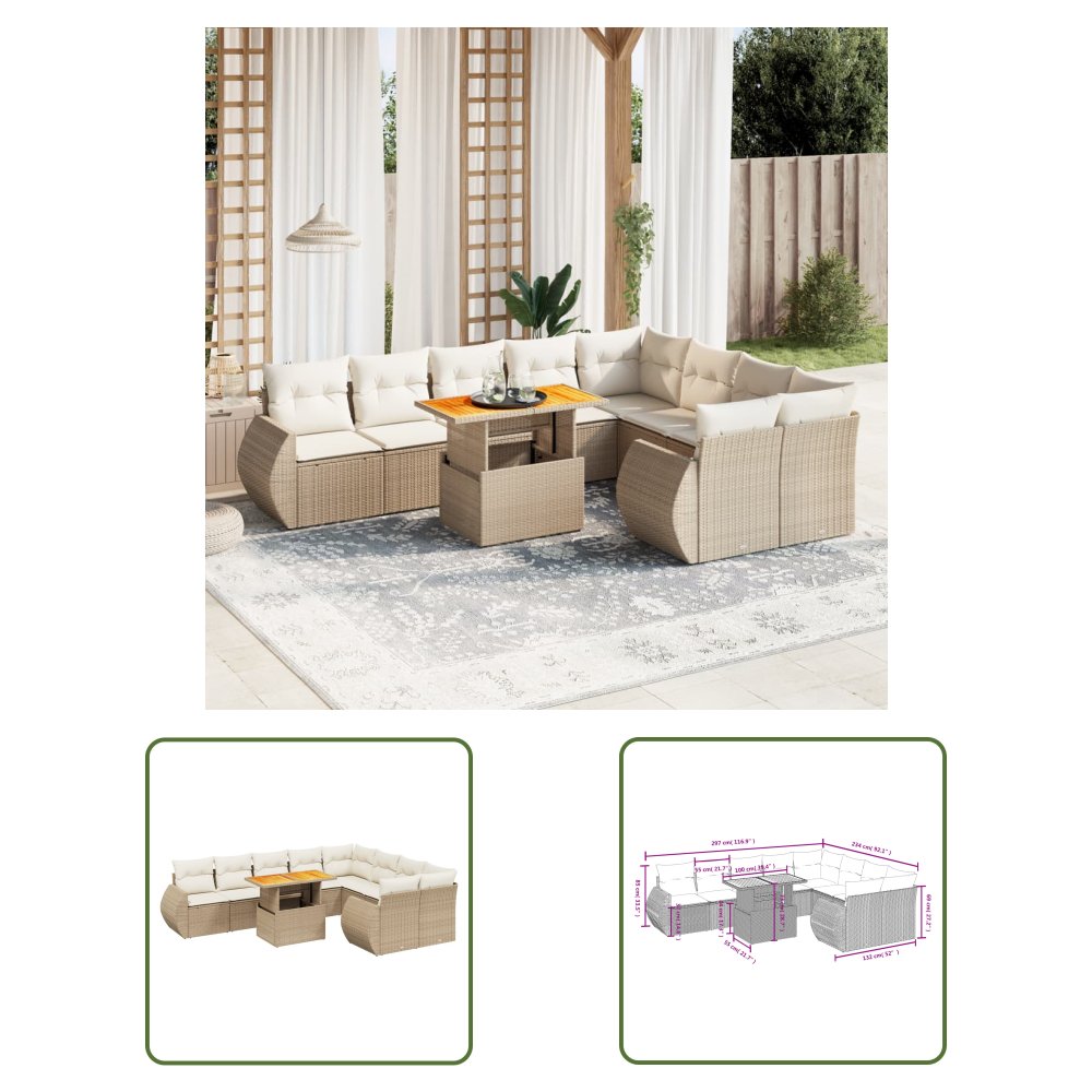 The Living Store 10-cz. zestaw mebli ogrodowych z poduszkami - beżowy - polirattan - Sofa Ogrodowa