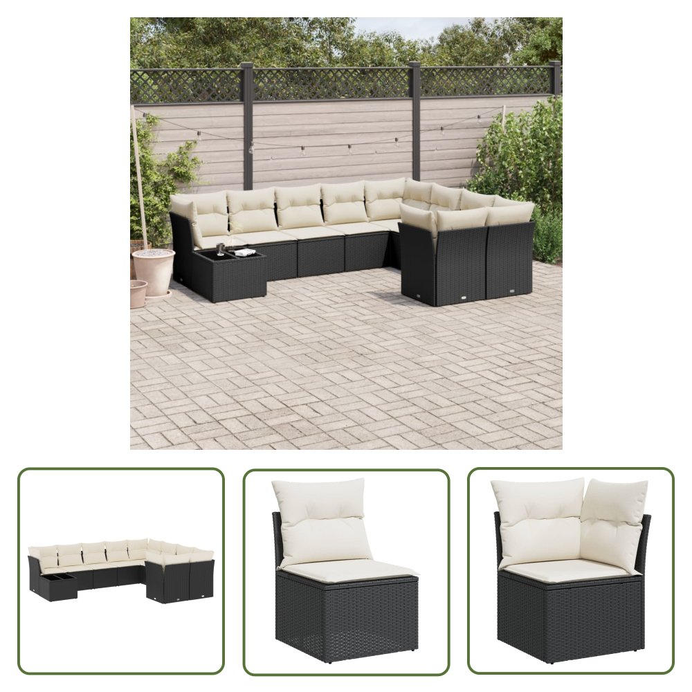The Living Store 10-cz. zestaw wypoczynkowy do ogrodu - poduszki czarny rattan PE - Sofa Ogrodowa