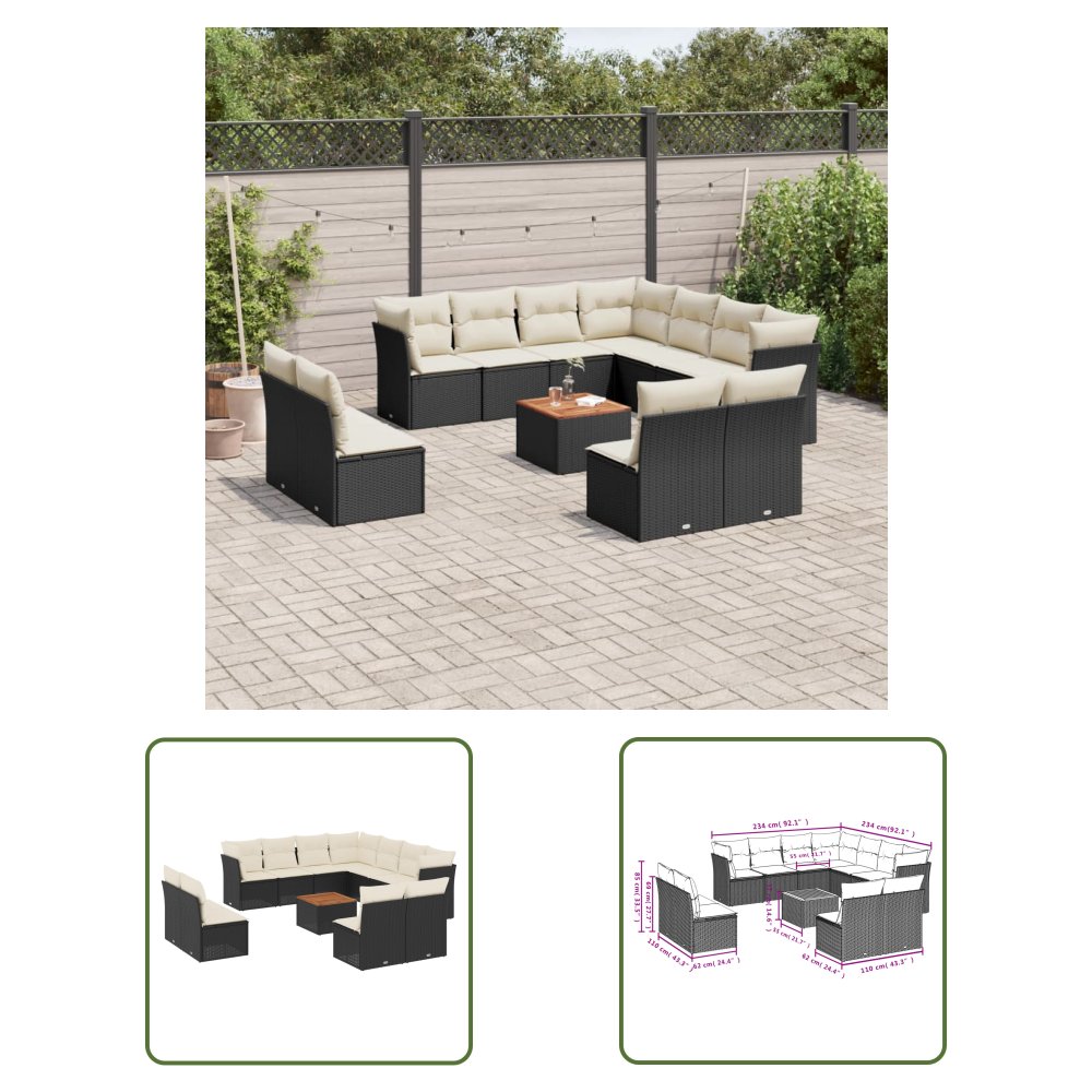 The Living Store 12-cz. zestaw mebli do ogrodu - z poduszkami - czarny - polirattan - Sofa Ogrodowa