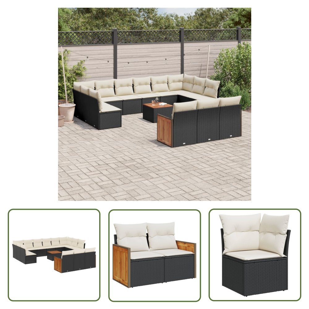 The Living Store 14-cz. zestaw wypoczynkowy do ogrodu - poduszki czarny rattan PE - Sofa Ogrodowa