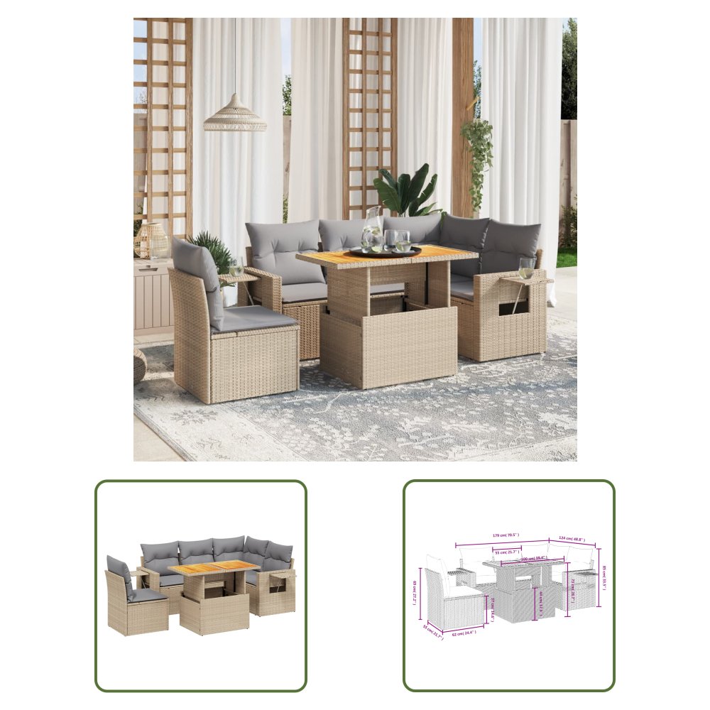 The Living Store 6-cz. zestaw mebli ogrodowych z poduszkami - beżowy - polirattan - Sofa Ogrodowa
