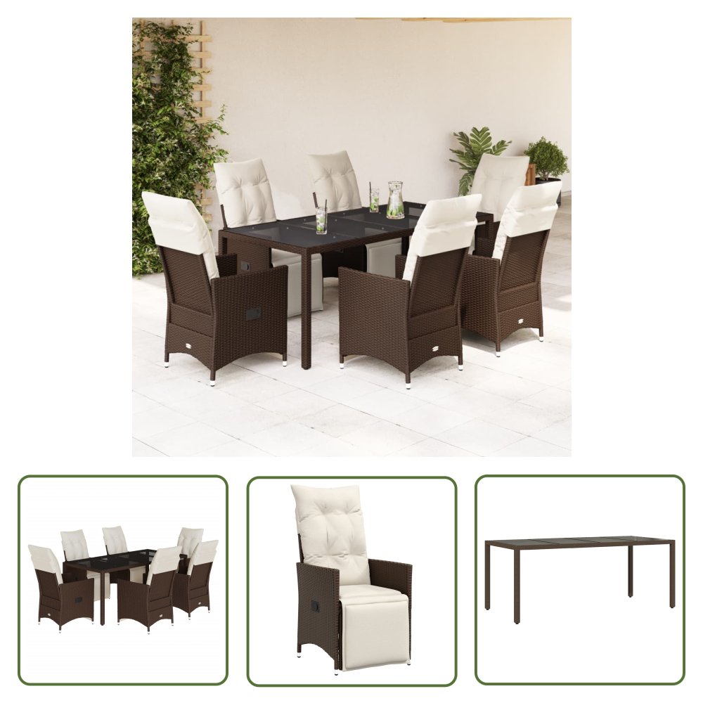 The Living Store 7-cz. zestaw mebli bistro z poduszkami - brązowy - polirattan - Meble Ogrodow