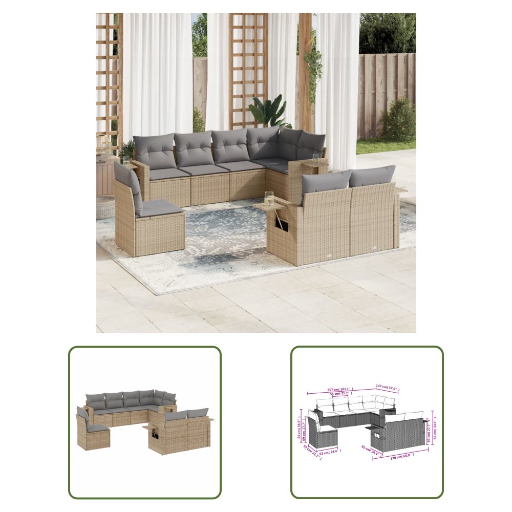 The Living Store 8-cz. zestaw mebli ogrodowych z poduszkami - beżowy - polirattan - Sofa Ogrodowa