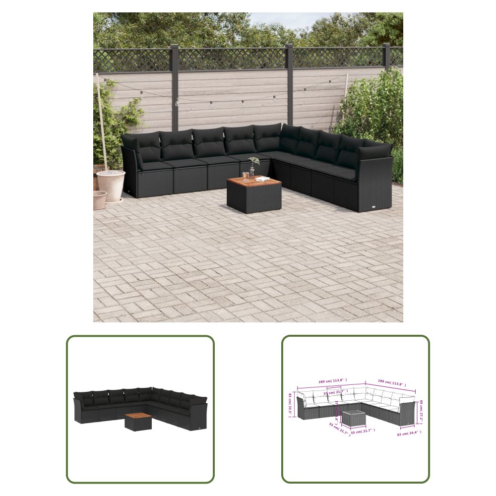 The Living Store 10-cz. zestaw wypoczynkowy do ogrodu - poduszki czarny rattan PE - Sofa Ogrodowa