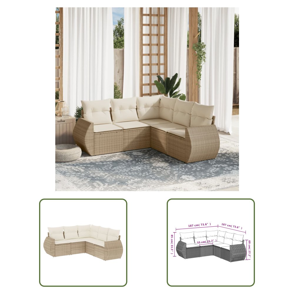 The Living Store 5-cz. zestaw mebli ogrodowych z poduszkami - beżowy - polirattan - Sofa Ogrodowa
