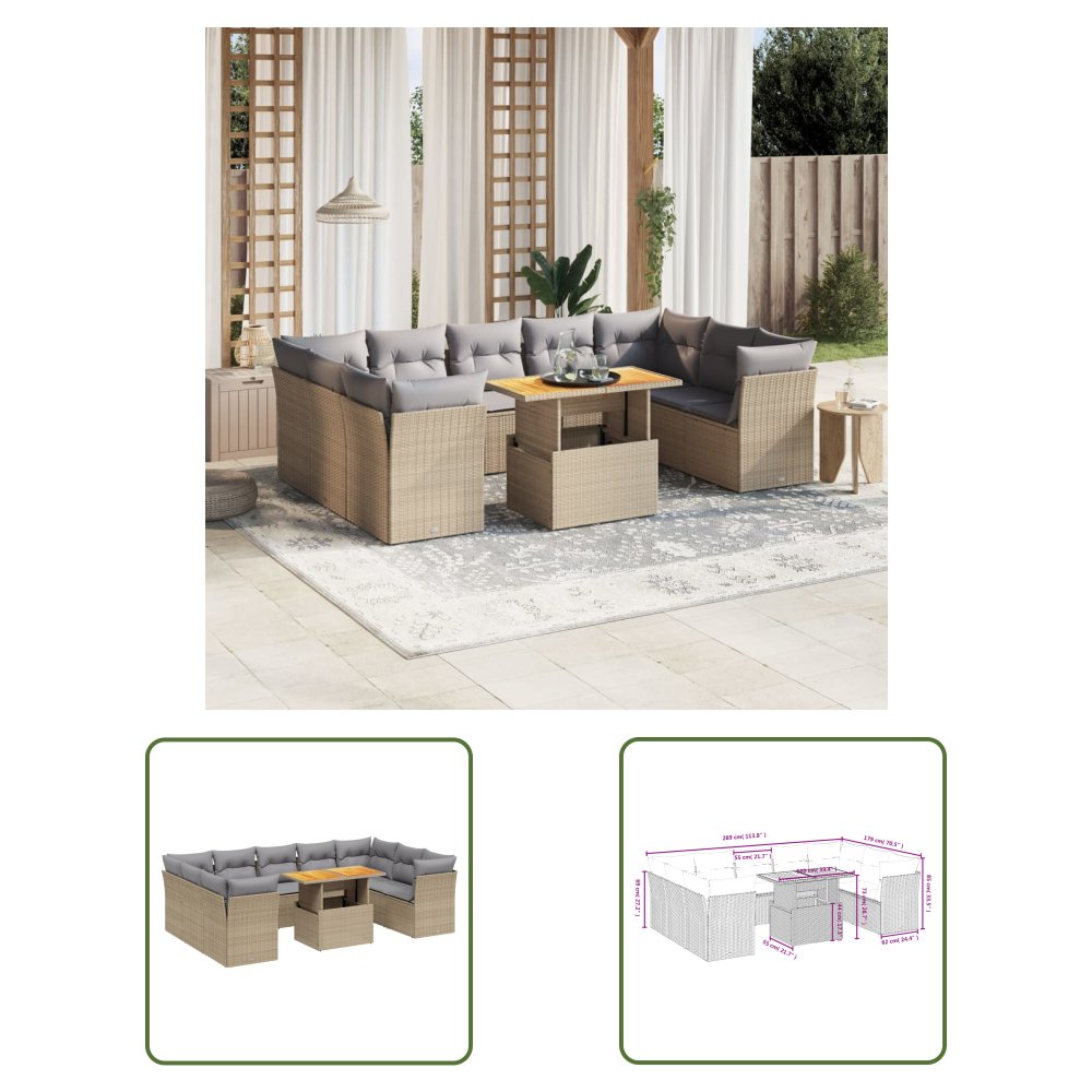 The Living Store 10-cz. zestaw mebli ogrodowych z poduszkami - beżowy - polirattan - Sofa Ogrodowa