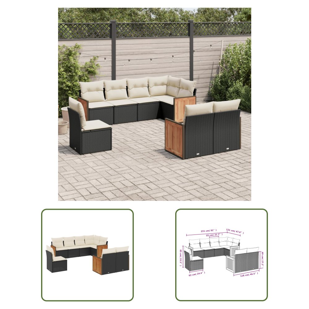 The Living Store 8-cz. zestaw wypoczynkowy do ogrodu - z poduszkami - czarny - Sofa Ogrodowa