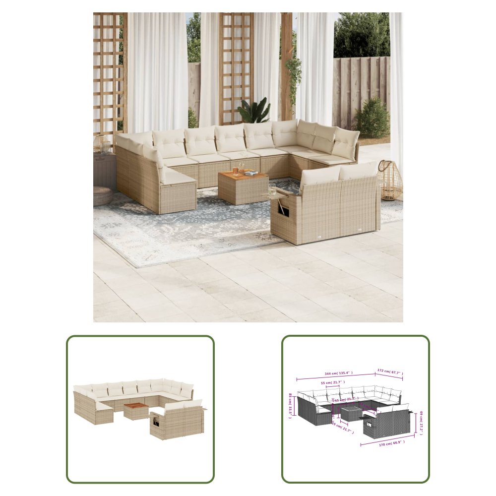 The Living Store 13-cz. zestaw mebli ogrodowych z poduszkami - beżowy - polirattan - Sofa Ogrodowa