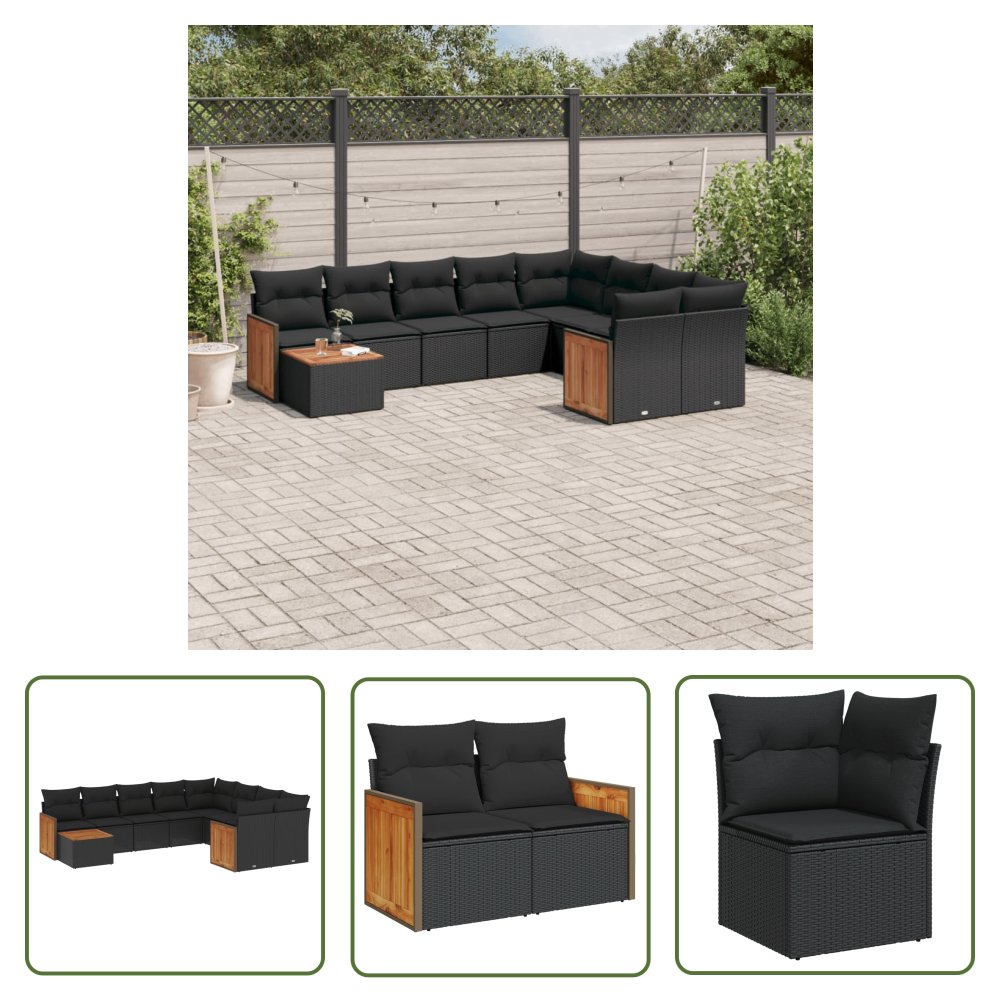 The Living Store 10-cz. zestaw wypoczynkowy do ogrodu - poduszki czarny rattan PE - Sofa Ogrodowa