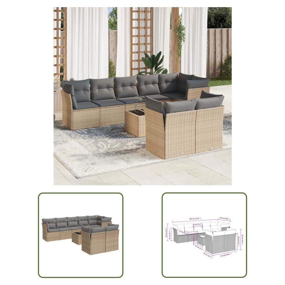 The Living Store 9-cz. zestaw mebli ogrodowych z poduszkami - beżowy - polirattan - Sofa Ogrodowa