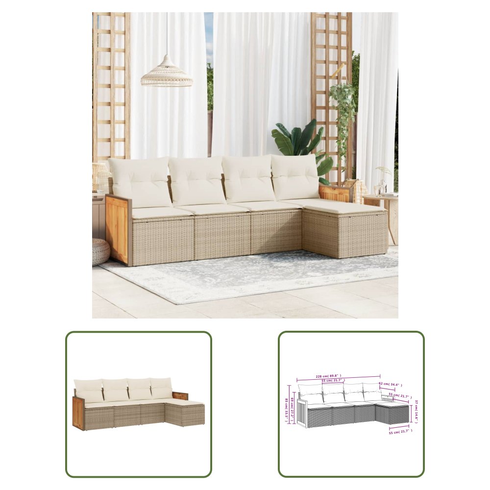 The Living Store 5-cz. zestaw mebli ogrodowych z poduszkami - beżowy - polirattan - Sofa Ogrodowa