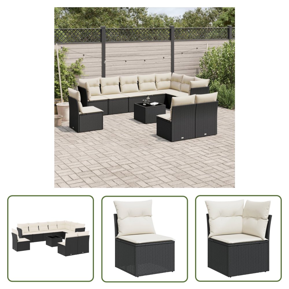 The Living Store 11-cz. zestaw wypoczynkowy do ogrodu - poduszki czarny rattan PE - Sofa Ogrodowa