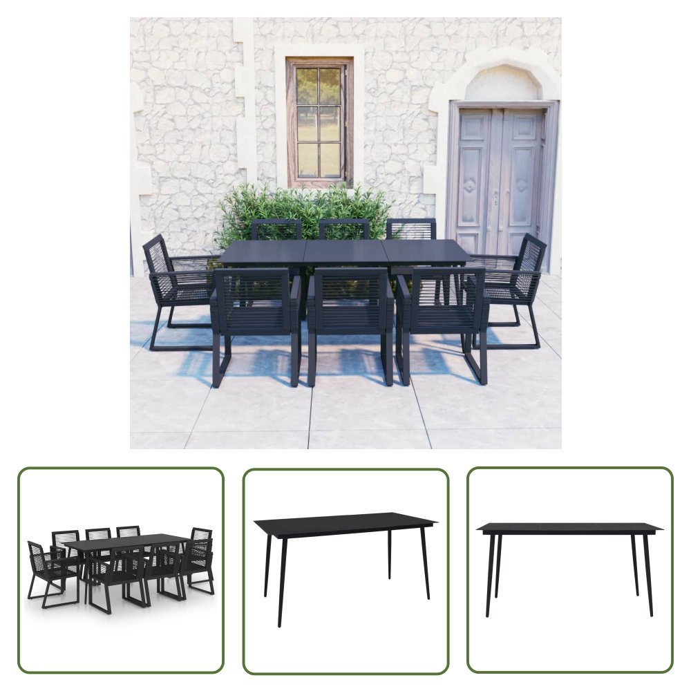The Living Store 9-cz. zestaw mebli ogrodowych - rattan PVC - czarny - Zestaw Do Jadalni