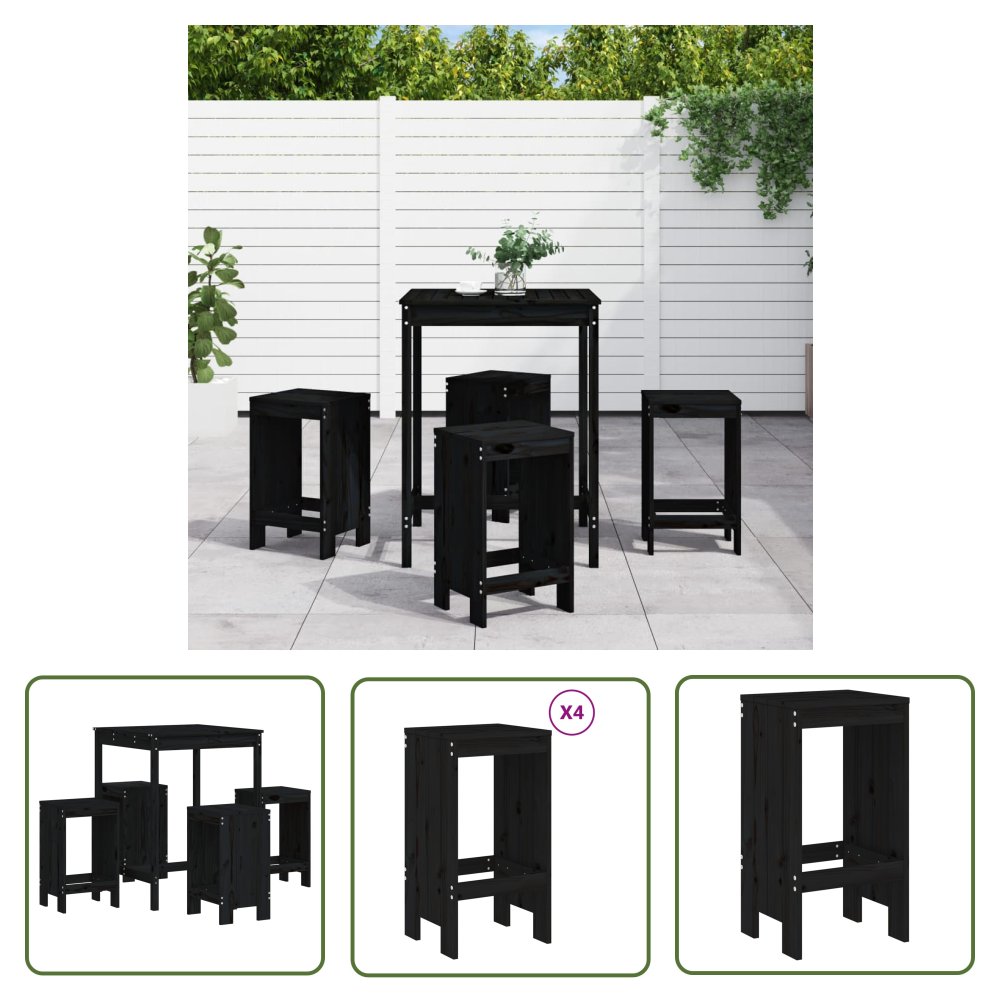 The Living Store 5-cz. zestaw mebli barowych do ogrodu - czarny - drewno sosnowe - Meble Ogrodowe