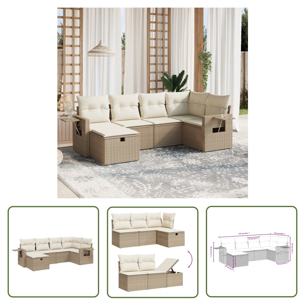 The Living Store 6-cz. zestaw mebli ogrodowych z poduszkami - beżowy - polirattan - Sofa Ogrodowa