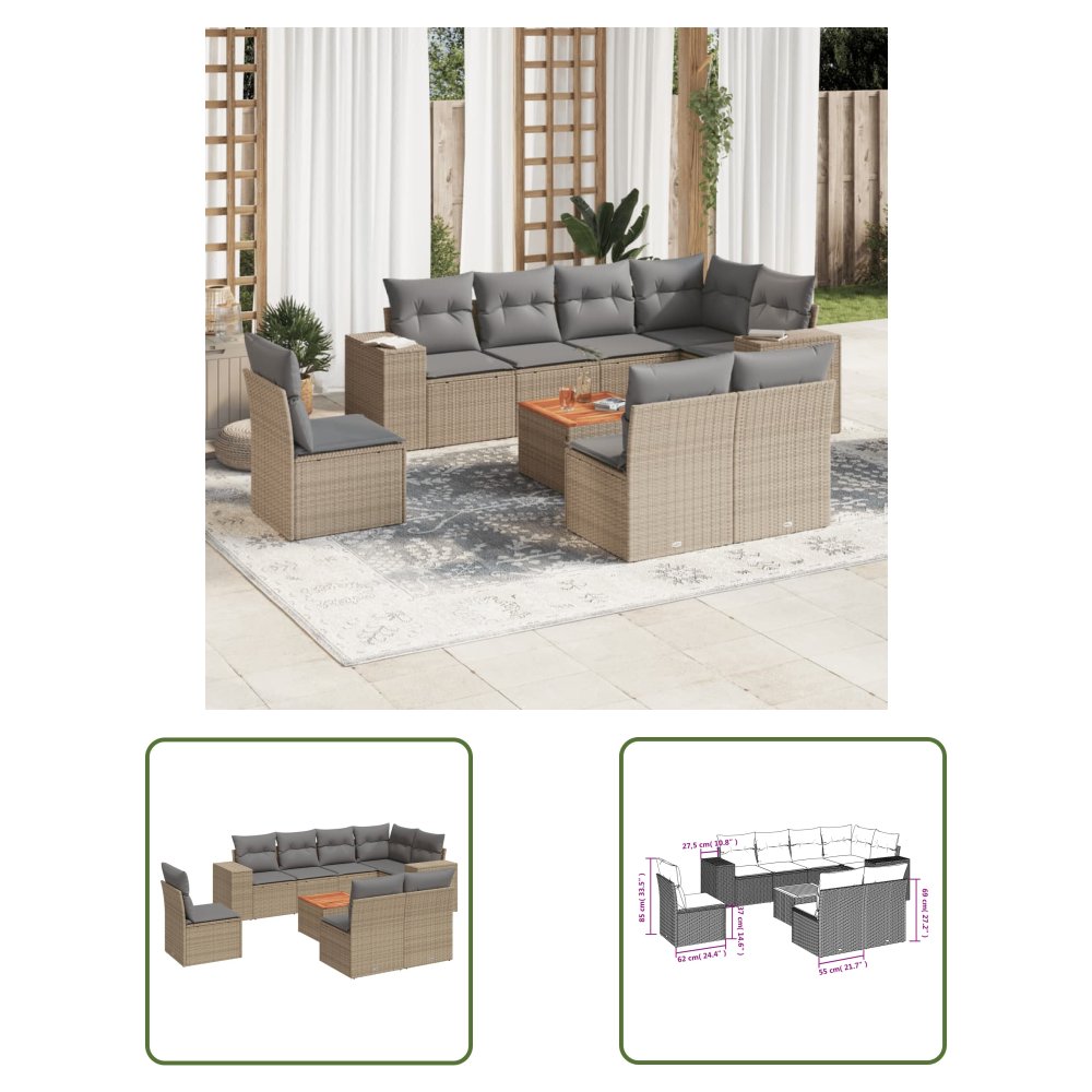 The Living Store 9-cz. zestaw mebli ogrodowych z poduszkami - beżowy - polirattan - Sofa Ogrodowa