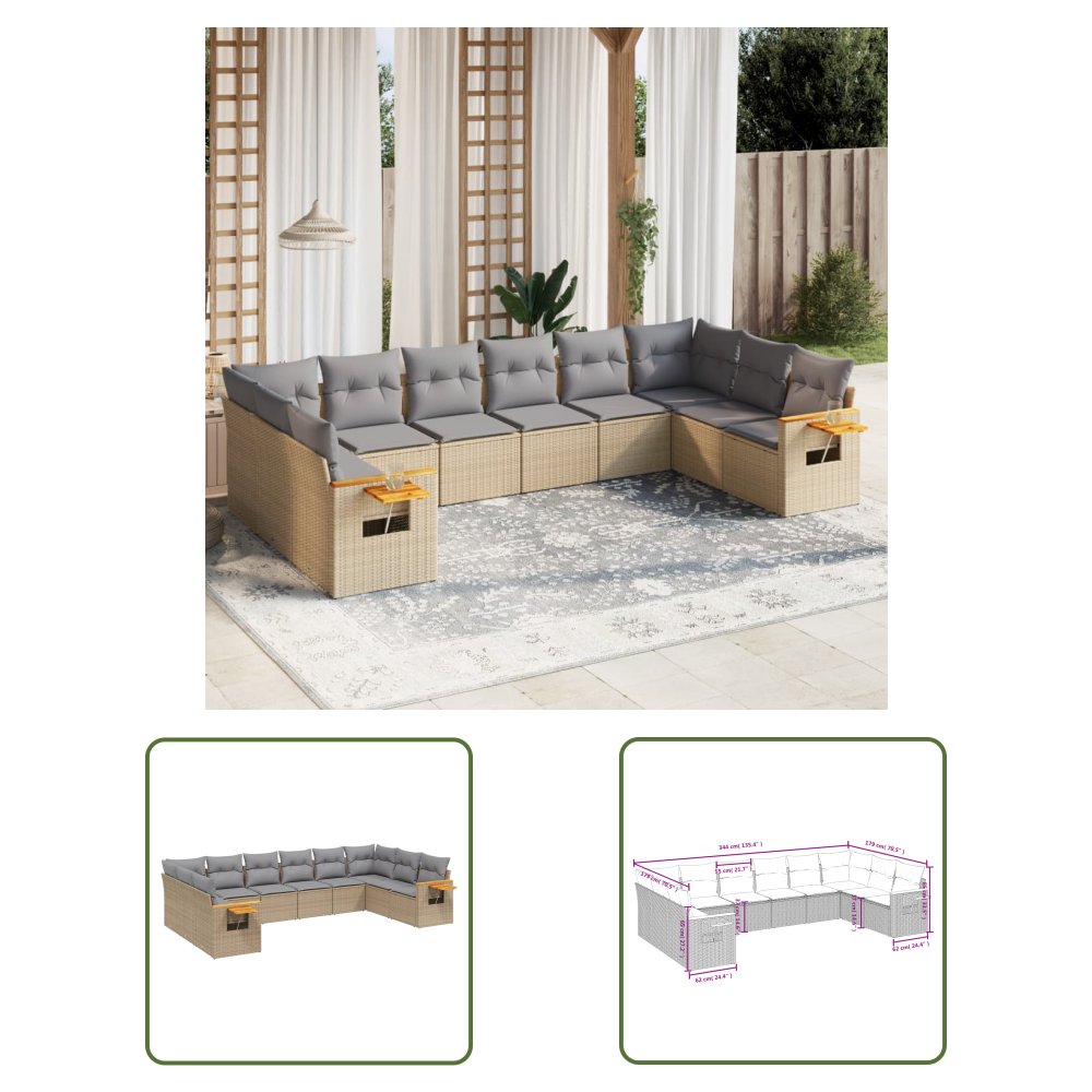 The Living Store 10-cz. zestaw mebli ogrodowych z poduszkami - beżowy - polirattan - Sofa Ogrodowa