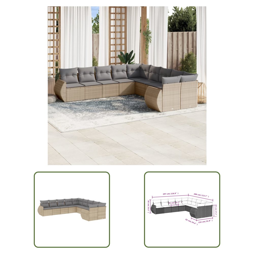 The Living Store 10-cz. zestaw mebli ogrodowych z poduszkami - beżowy - polirattan - Sofa Ogrodowa