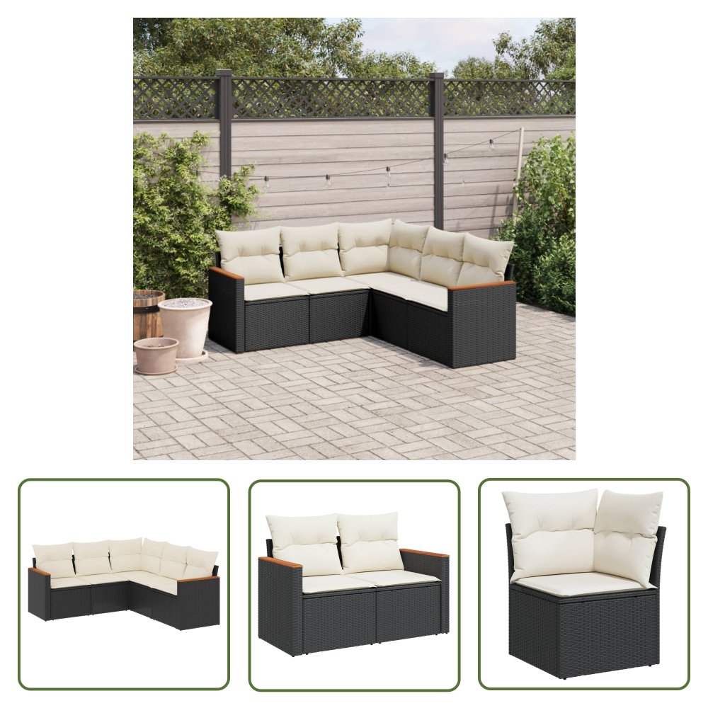 The Living Store 5-cz. zestaw wypoczynkowy do ogrodu - poduszki - czarny rattan PE - Sofa Ogrodowa